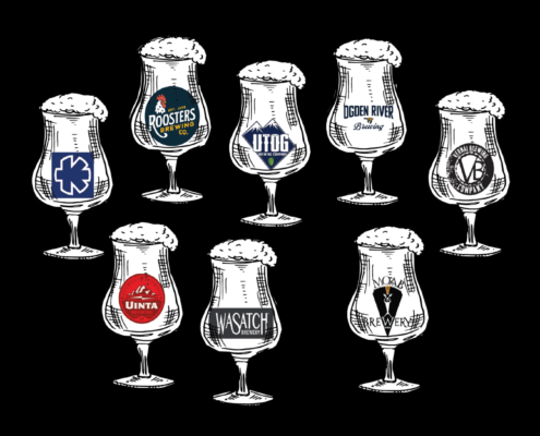 Images of Beer Glasses with logos from different Utah Craft Breweries